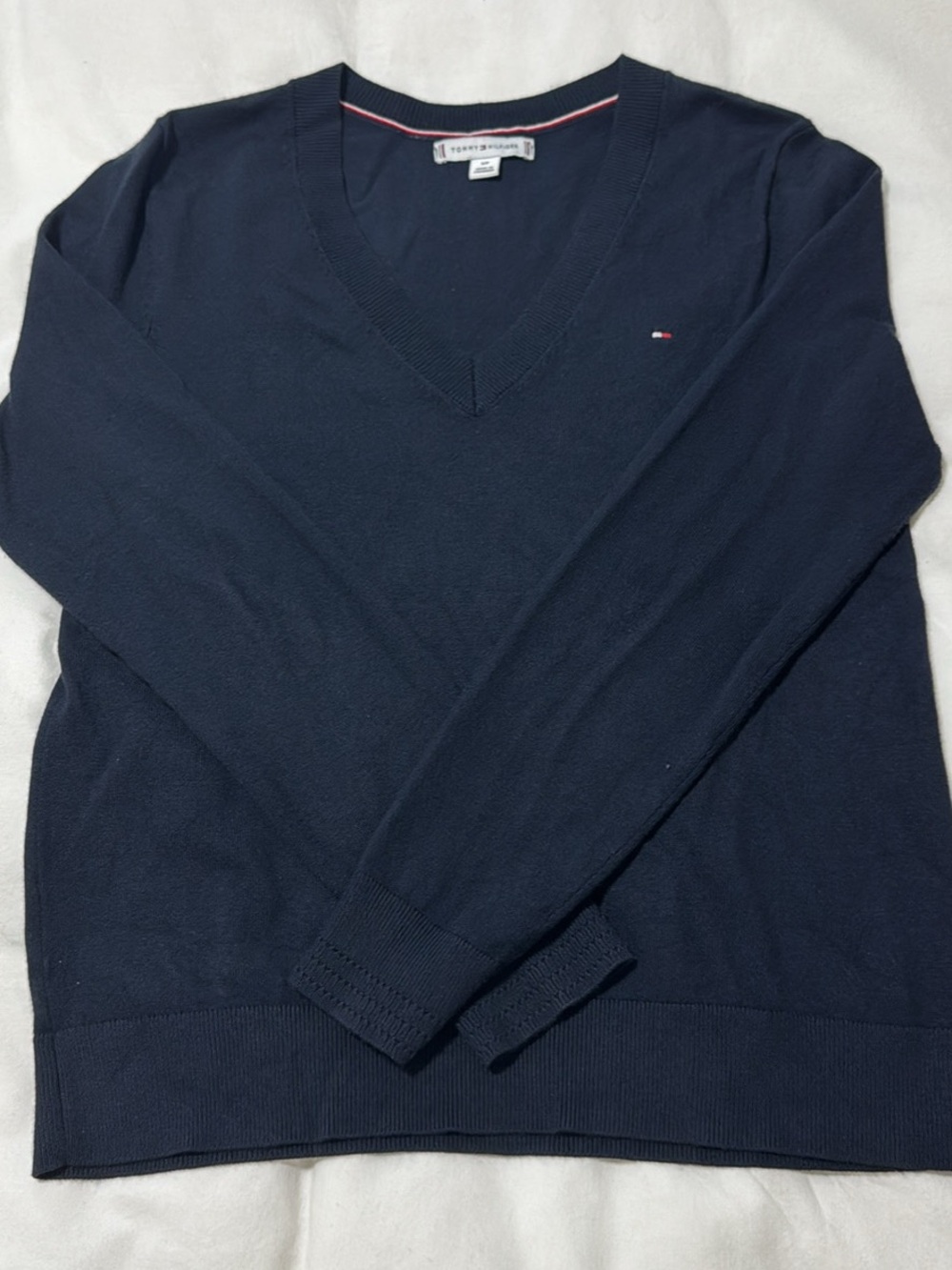 Tommy Hilfiger Women’s Navy V-Neck Sweater with Tiny Flag Logo